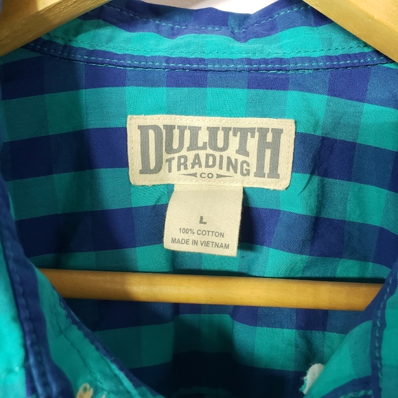 Duluth Trading Co Blue Teal Check Plaid Short Sleeve Button Down Collar, Large - Picture 4 of 12